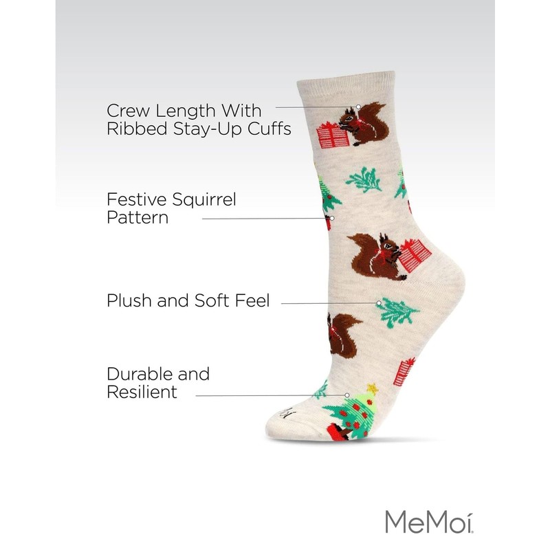 MeMoi Women's Festive Squirrel Crew Socks Oatmeal Heather 9-11