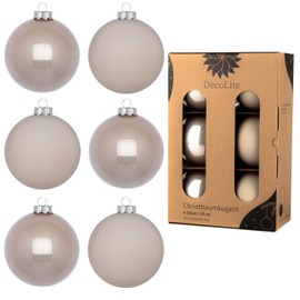 DecoLite: Glass Christmas Tree Baubles, Diameter 10 cm (Pack of 6), Beige, Matte/Glossy