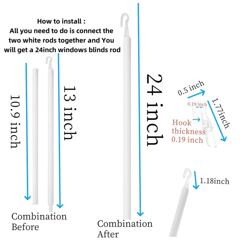 24 Inch Horizontal Window Blind Wand Replacement with Hook Plastic