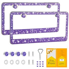 FIISFIIS Bling License Plate Frame for Women,2 Pack Premium Stainless Steel Rhinestone License Plate Holder,Handmade Glitter Crystal Diamond Lincense Plate Cover for Girl,Bedazzled Sparkly Caps-Violet