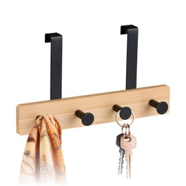 Relaxdays Door Coat Rack 4 Hooks Hook Rack for 2 cm Door Bamboo & Metal Coat Hook Natural / Black