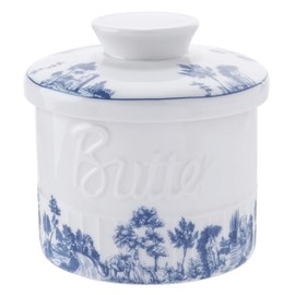 Butter Crock for Counter with Water, Ceramic French Butter Crock with lid for Countertop, Dishwasher&Oven Safe, Keeps Butter Soft&Spreadable, Blue and White, 6.7 OZ