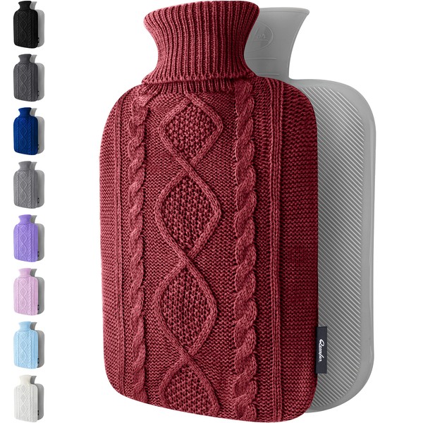 Hot Water Bottle with Cover - Premium Soft Knitted Cover - 1.8l Large Capacity - Hot Water Bag for Pain Relief, Neck and Shoulders, Back & Cosy Nights - Great Gift for Women (Burgundy)