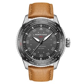 NORTH EDGE Men's Leisure Watch Men's Solar Quartz Mineral Glass Leather Strap, brown, Strap.