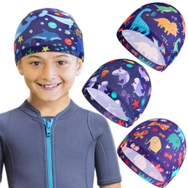 Preocea 4 Pcs Kids Swim Caps, Toddler Swimming Hat, Unisex Child's Bathing Cap, Fabric Swimming Caps for Kids, Pool Cap for Boys Girls Long Short Hair, One Size(4 Cute Patterns)