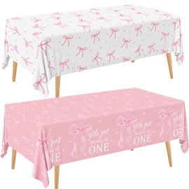 Pink Bow 1st Birthday Party Decorations 2Pcs Coquette Birthday Decorations Tablecloths Girls Just Wanna Be One Table Cloth Bow Theme Disposable Plastic Table Covers for Baby Girl Party Decor