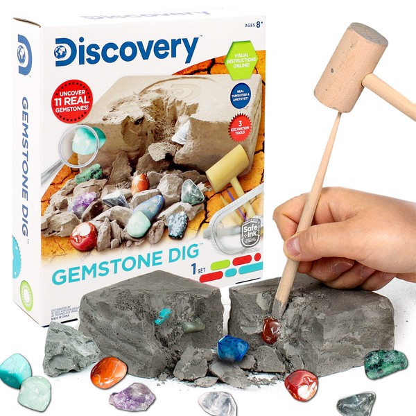 Discovery Kids Gemstone Dig Stem Science Kit by Horizon Group Usa, Excavate, Dig & Reveal 11 Real Gemstones, Includes Goggles, Excavation Tools, Streak Plate, Magnifying Glass & More