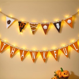 HunnmingRe Thanksgiving Garland Thankful Banner LED String Lights, 3D Felt Fall Decor for Indoor Outdoor Home Party, Front Door, Window, Wall Decorations(Pumpkin Pie)