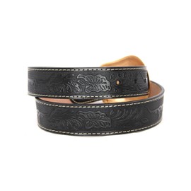 West Star Texas Western Cowboy Belt – Black Tooled Leather with Gold Longhorn Buckle - Longhorn Pattern- Size M for Pants Size 34