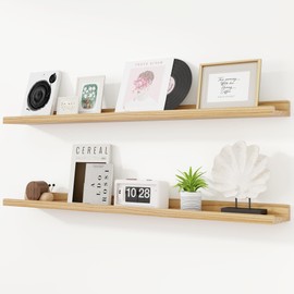 RICHFOCUS Picture Ledge Shelf, 48 inch Solid Wood Floating Shelves with Lip for Wall Storage, Nursery Book Shelves for Living Room Bathroom Bedroom Kitchen, Set of 2, Natural