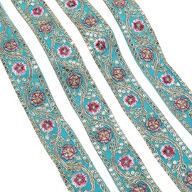 CABODYALS 10 Yards Vintage Ethnic Style Cyan Jacquard Ribbon Gold Embroidery Vintage Polyester Metallic Floral Pattern Embroidered Trim Woven Sequin Ribbons for Sewing Making Crafts Supply Dress Decor