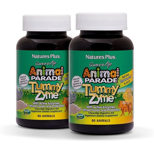 NaturesPlus Animal Parade Source of Life Tummy Zyme Children's Chewable (2 Pack) - Tropical Fruit Flavor - 90 Animal Shaped Tablets - Digestive Aid - Vegetarian, Gluten-Free - 180 Total Servings