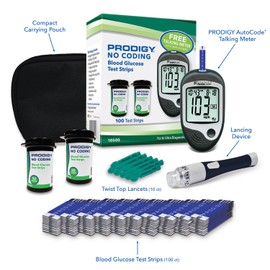 PRODIGY 10500 100ct Test Strips with AutoCode Talking Meter Starter Kit, PRODIGY AutoCode Blood Glucose Talking Meter, No Coding Blood Glucose Test Strips (2 vials of 50ct), Adjustable Depth Lancing Device, Twist Top Lancets 28G (10ct), Carrying Case, Quick Reference Guide, Owner's Manual