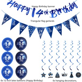 Blue Garland 14th Birthday Banner + Triangle Flags + Birthday Hanging Decoration + 6 Pieces 14th Birthday Balloons 14th Birthday Decoration for Boy, Decoration 14th Birthday Boy Birthday Decoration 14
