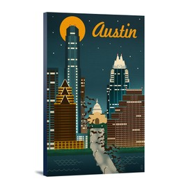 Lantern Press Austin, Texas, Retro Skyline, (12x18 Wrapped Canvas, Wall Decor, Artwork)