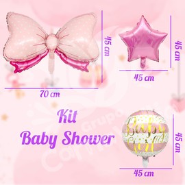 GRUPO CARNAVALLIA Kit 5 Globos Metálicos para Baby Shower Niña Moño Corazón Estrella Rosa Girl Fiesta Bebé