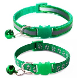 Green Cat Collars with Bells, [2 Pack] Break Away Cat Collar with Bells, Reflective Kitten Collar Breakaway for Boy Pet Cats Kitty