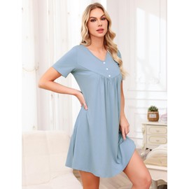 Crewhpo Women's Nightgown Short Sleeve Nightdress V Neck Nightshirt Nighties Summer Sleepshirts Soft Loungewear Blue