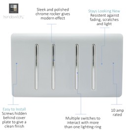 Trendi Artistic Modern Glossy 4 Gang 2 Way Rocker Double Plate Tactile Light Switch in Silver