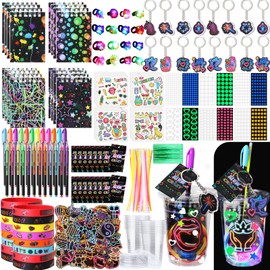 FoldTier 191 Pcs Glow in the Dark Party Supplies for Kids Adults Include PET Cup Glow Stick Ring Notebook Highlighter Bracelet Sticker Tattoo Keychain for DIY Birthday Neon Disco Party Decorations