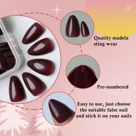 LoveOurHome 240pc Almond Press on Nails Short Fake Nails Burgundy Glue on Nails Short Almond Nails Press ons Acrylic Nail Full Cover Artificial Fingernail XS Stiletto False Nail with Adhesive Tabs