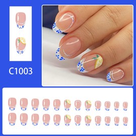 Onsdag Press on Nails Oval Shaped Glossy Full Cover Acrylic French Short False Nails with Designs Artificial Oval Fake Nails with Charms Glue Stick ons Fingernails for Women Girls(C1003)