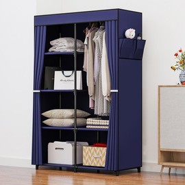SUOERNUO Portable Closet Wardrobe Organizer Storage with Cover Non-Woben Fabric for Hanging Clothes Racks Shelving 34 Inch for Bedroom - Color: Blue