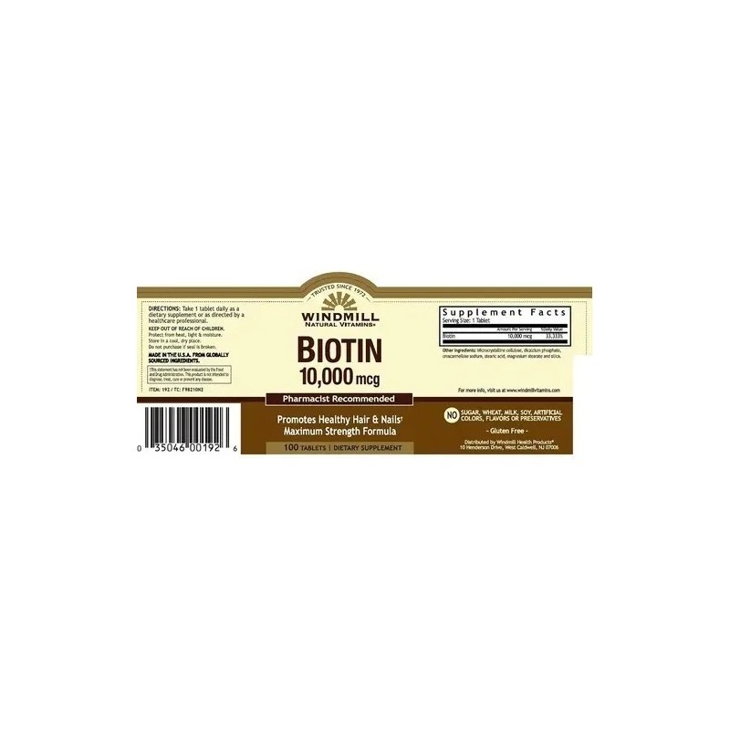 Biotina 000mcg Windmill Biotin 100 Tabletas