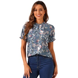 Allegra K Women's Ruffle Floral Top Mock Neck Short Sleeve 2024 Summer Casual Blouse X-Large Dusty Blue