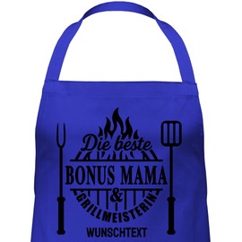 Schürze - Grillschürze Die beste Bonus Mama und Grillmeisterin I Muttertagsgeschenk Stiefmutter Geschenk Grillen für Bonus Mamas Geschenk Bonusmama Weihnachten - 60x87 - Royalblau