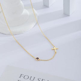 Gold Cross Necklace for Women, Dainty 14k Gold Plated Small Sideways Cross Birthstone Necklace, Simple Trendy Cute Cubic Zircon Choker Jewelry Christmas Religious Minimalist Gift Light purple