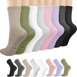 EIGYO 8 Pares Calcetines Largos Yoga con Agarre para Mujer, Calcetas Antiderrapantes, Calcetines de Yoga, Pilates, Danza, Black, White, Gray, Navy, Berry, Kiwi, Heather, Talla Única