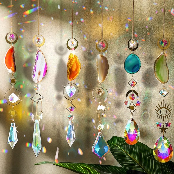 Maitys 6 Pcs Crystal Suncatcher Sun Catchers Indoor Window Hanging Sun Catchers with Crystals Light Catcher with Prisms and Agate Slices for Indoor Outdoor Home Garden Wedding Decor (Colorful Crystal)