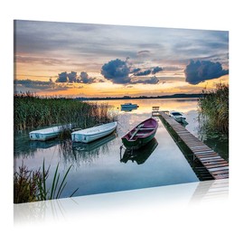 Dream Land Lake Boat Landscape Artwork: Rustic Reed Water Wall Art Long Bridge Sunset Canvas Picture for Bedroom