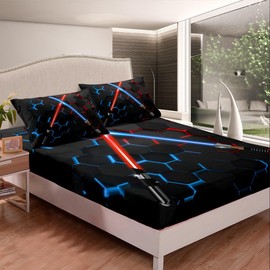 Neon Red Blue Lightsaber Bedding Set Twin Size Geometric Honeycomb Fitted Sheet 2Pcs for Kids Girls Boys Teens Room Decor Fashion Games Bed Sheet Black 3D Hexagon Deep Pocket Sheet,1 Pillowcase
