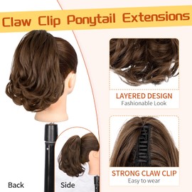 KooKaStyle Ponytail Extension, 10" Short Claw Clip in Pony Tails Hair Extensions Curly Wavy Synthetic Drawstring Hairpieces for Women(Mocha Brown)
