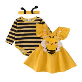 Infant Girl Fall Outfits Baby Girl Romper Cartoon Bee Ruffle Suspender Skirt Bow Headband 3 Pcs Set 0-18 Months (Yellow, 3-6 Months)
