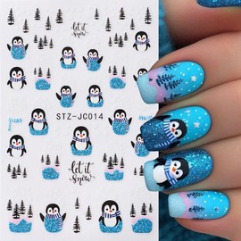 OHWODA Christmas Nail Stickers for Nail Art, Cute Winter Nail Decals with Red Love Christmas Deer Line Blue Penguin Green Leaf Pattern Designs for Women Girls DIY Manicure Decorations, 6Pcs/Set