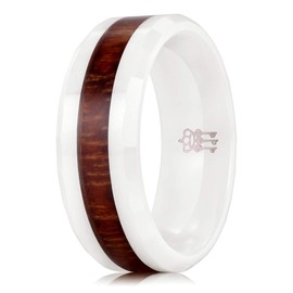 THREE KEYS JEWELRY 8mm White Ceramic Wedding Ring with Koa Wood Inlay Men's Women's Wedding Band Engagement Ring Flat Top Bevel Edge Comfort Fit Size 10