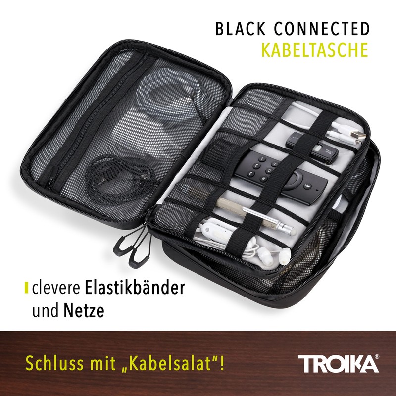 TROIKA Cable Bag with 2 Zip Compartments Black Connected -