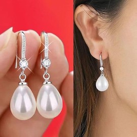 ANNAVA Women's 925 Sterling Silver White Water Drop Pearl Earrings With Cubic Zirconia Crystal Diamond, Fine Pearl Jewelry Gifts for Women (JEE-002)