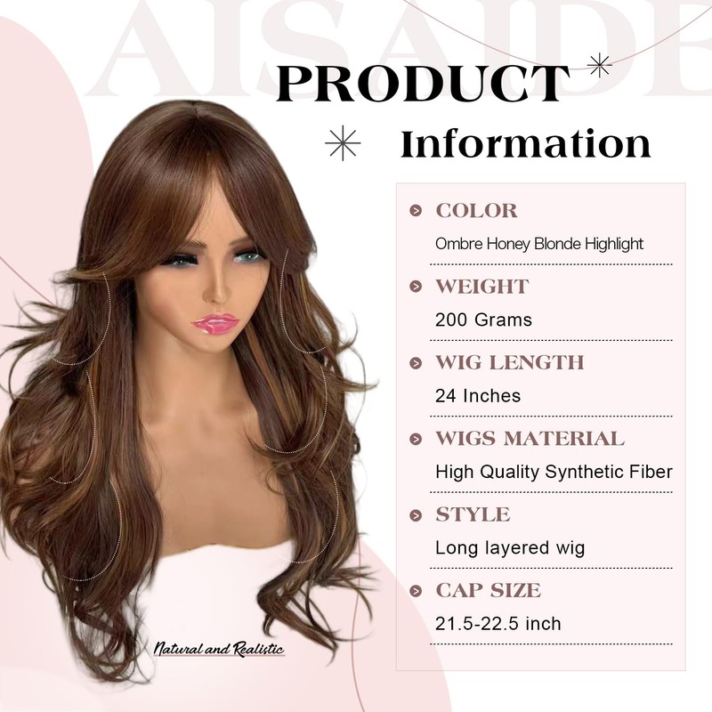 Honey Blonde Long Wavy Layered Synthetic Wig with Bangs for