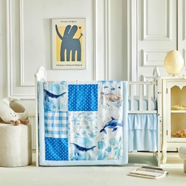 Patchwork Crib Bedding Set Blue Ocean Plaid Design 3 Pieces Baby Cute Quilted Comforter with Fitted Sheet and Bed Skirt - Whales Dolphins Turtles Seahorses Shell Marine Animals Style Crib Bed Set