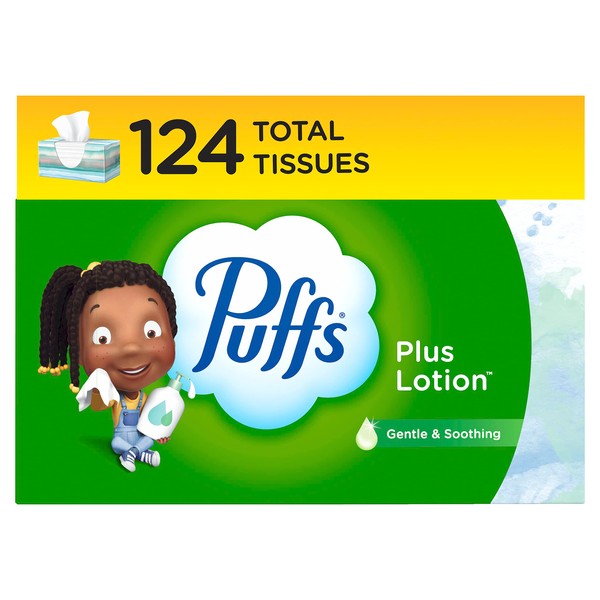 Puffs Plus Lotion Facial Tissue, 1 Family Box, 124 Tissues Per Box (Packaging May Vary)