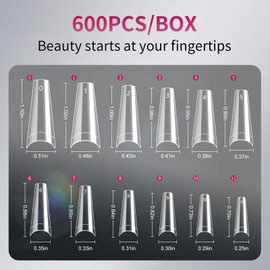 krofaue 600PCS Half Cover Coffin Nail Tips - Acrylic Nail Tips 12 Size Clear False Nails Tips with Box for Nail Salons and Home DIY (Clear)