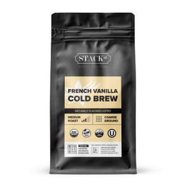 Organic French Vanilla Flavored Cold Brew Coffee Coarse Ground 1 LB - Smooth Dark Roast, Coarse Grind - By Stack Street