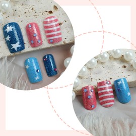 4th of July Fake Nails Fourth of July Press on Nails Glossy Red Glitter Stick on Nail 24Pcs Medium Square Acrylic Full Cover False Nail Pink Line Gel Glue on Fingernails for Holiday Manicure Art