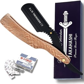TAKAHASHI Professional Straight Razor for Men with Wood Handle - Classic Barber Kit Accessory, Single Blade Safety Shaver - Includes 20 Free Blades for Enhanced Men's Grooming. (Leopard Wood - Black)
