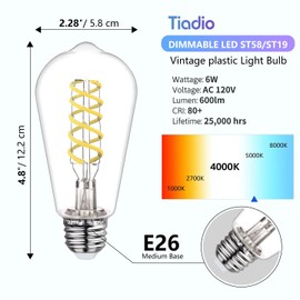 ST58 Edison Bulbs 60 Watt Led, 5000K Vintage Light Bulbs, E26 Led Bulb 60 Watt Dimmable Plastic 600ML, Antique Decorative Filament LED Bulb for Bedroom Office Fan Lights Ceiling Fixtures 12 Pack