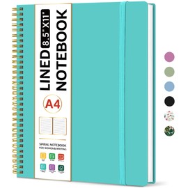 Taja Spiral Lined Notebook, 8.5"x11" Notebooks for Work, Large A4 Journal for Women & Men, College Ruled Journaling Notebook for Writing, Plastic Cover Spiral Journal, Aquamarine
